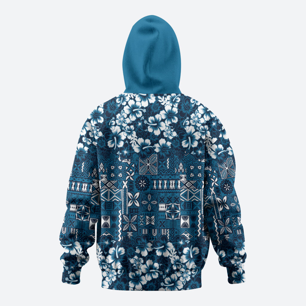 Blue Hawaiian Tapa Tribal Hibiscus Zip Hoodie