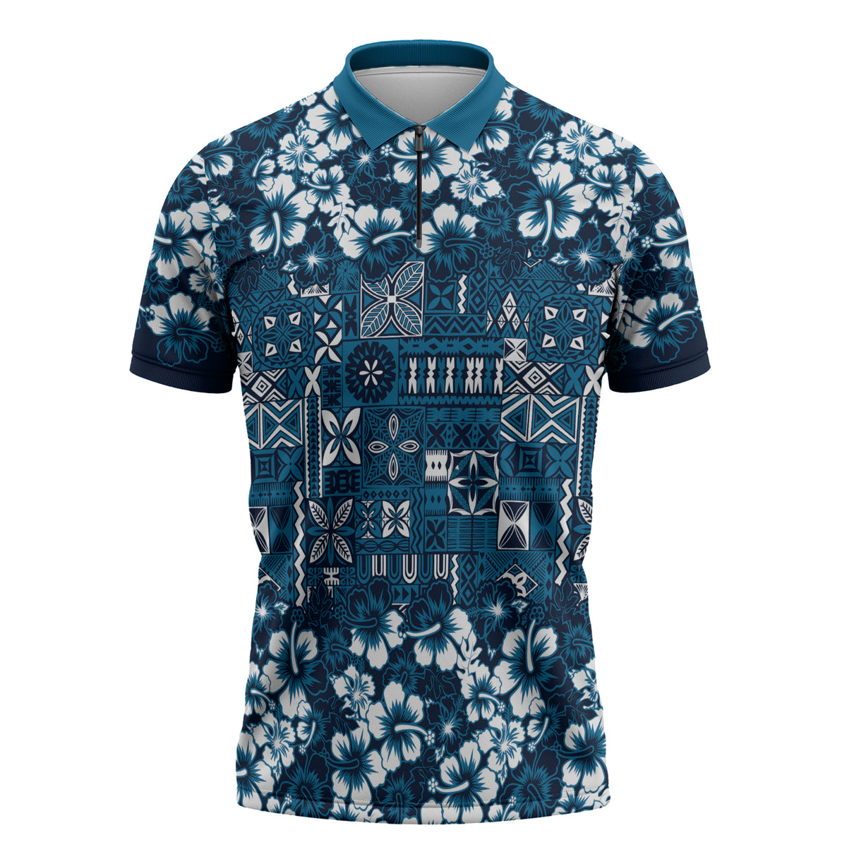 Blue Hawaiian Tapa Tribal Hibiscus Zipper Polo Shirt LT9 Blue - Polynesian Pride