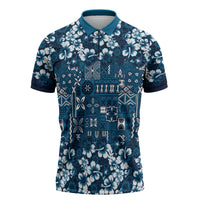 Blue Hawaiian Tapa Tribal Hibiscus Zipper Polo Shirt LT9 Blue - Polynesian Pride