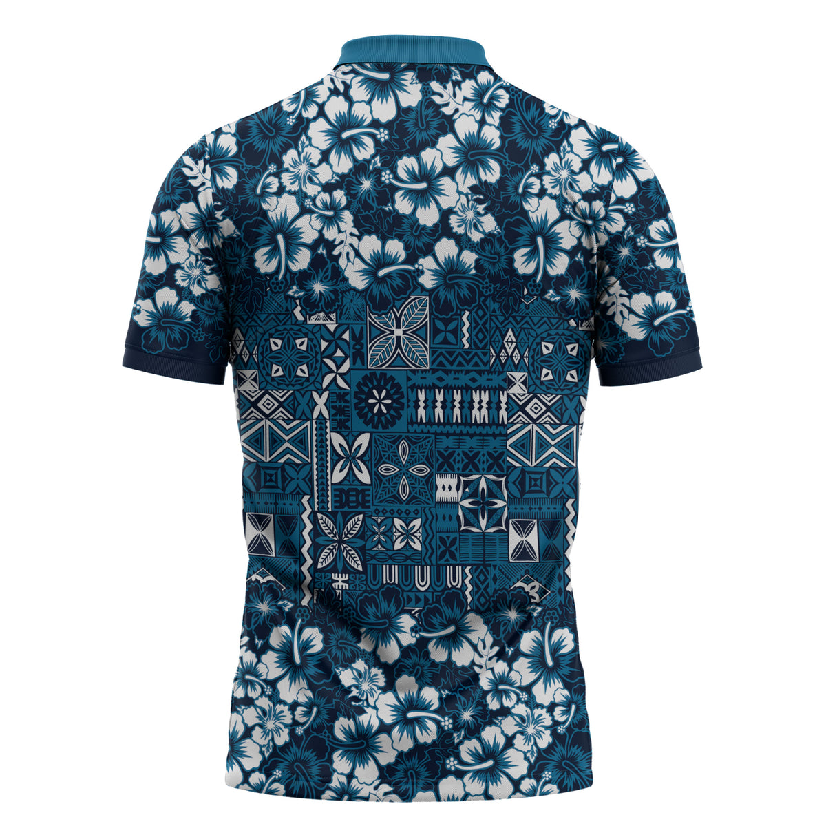 Blue Hawaiian Tapa Tribal Hibiscus Zipper Polo Shirt LT9 - Polynesian Pride