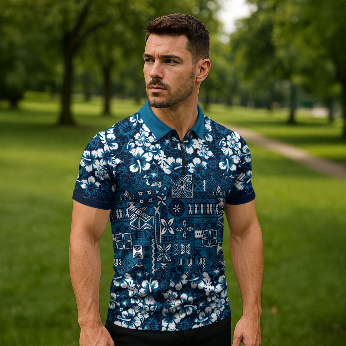 Blue Hawaiian Tapa Tribal Hibiscus Zipper Polo Shirt LT9 - Polynesian Pride