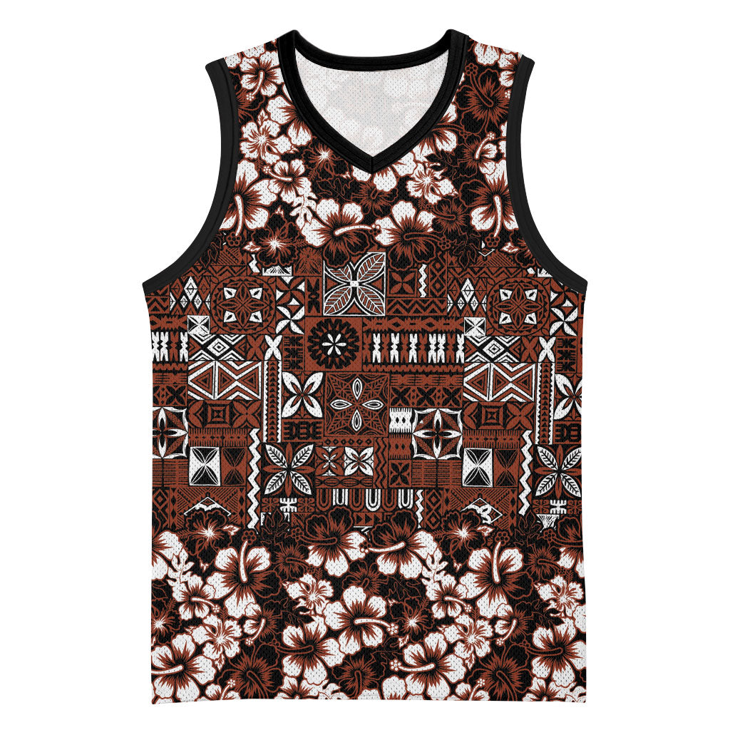 Burgundy Hawaiian Tapa Tribal Hibiscus Basketball Jersey