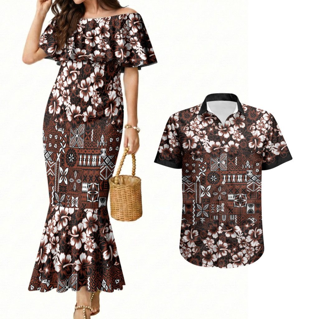 Burgundy Hawaiian Tapa Tribal Hibiscus Couples Matching Mermaid Dress and Hawaiian Shirt LT9 Burgundy - Polynesian Pride