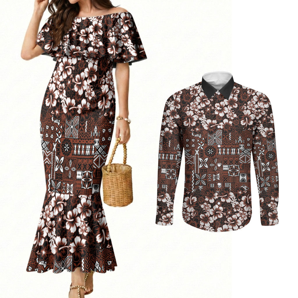 Burgundy Hawaiian Tapa Tribal Hibiscus Couples Matching Mermaid Dress and Long Sleeve Button Shirt