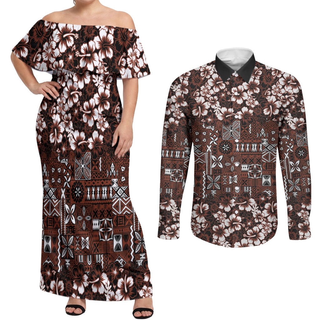 Burgundy Hawaiian Tapa Tribal Hibiscus Couples Matching Off Shoulder Maxi Dress and Long Sleeve Button Shirt