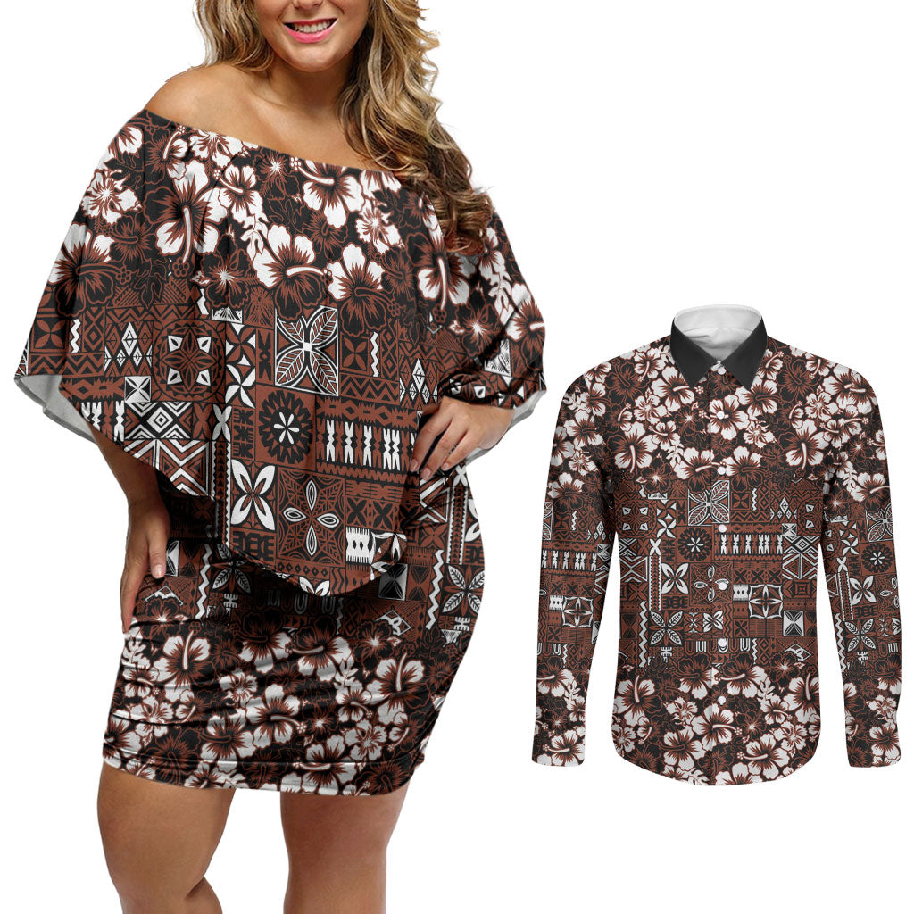 Burgundy Hawaiian Tapa Tribal Hibiscus Couples Matching Off Shoulder Short Dress and Long Sleeve Button Shirt