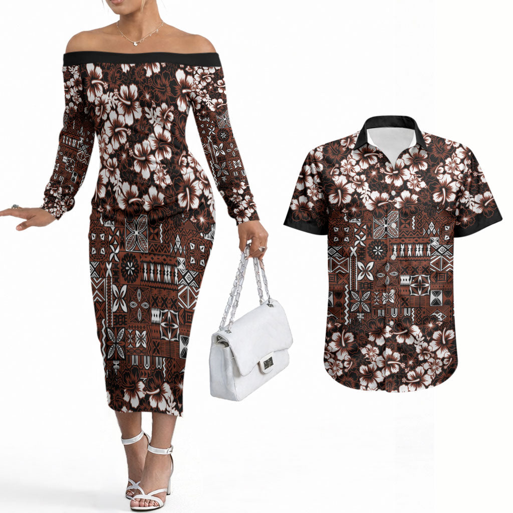 Burgundy Hawaiian Tapa Tribal Hibiscus Couples Matching Off The Shoulder Long Sleeve Dress and Hawaiian Shirt LT9 Burgundy - Polynesian Pride