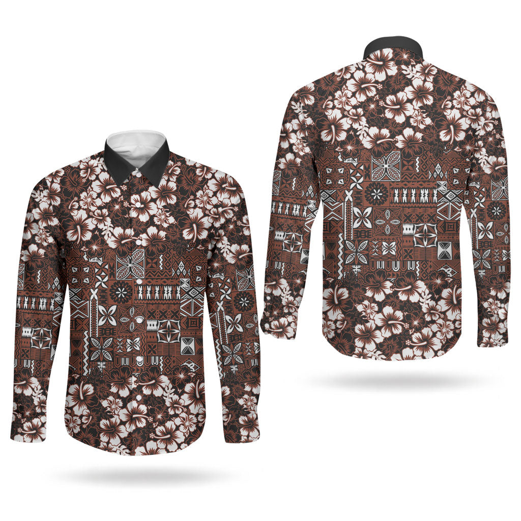 Burgundy Hawaiian Tapa Tribal Hibiscus Couples Matching Off The Shoulder Long Sleeve Dress and Long Sleeve Button Shirt