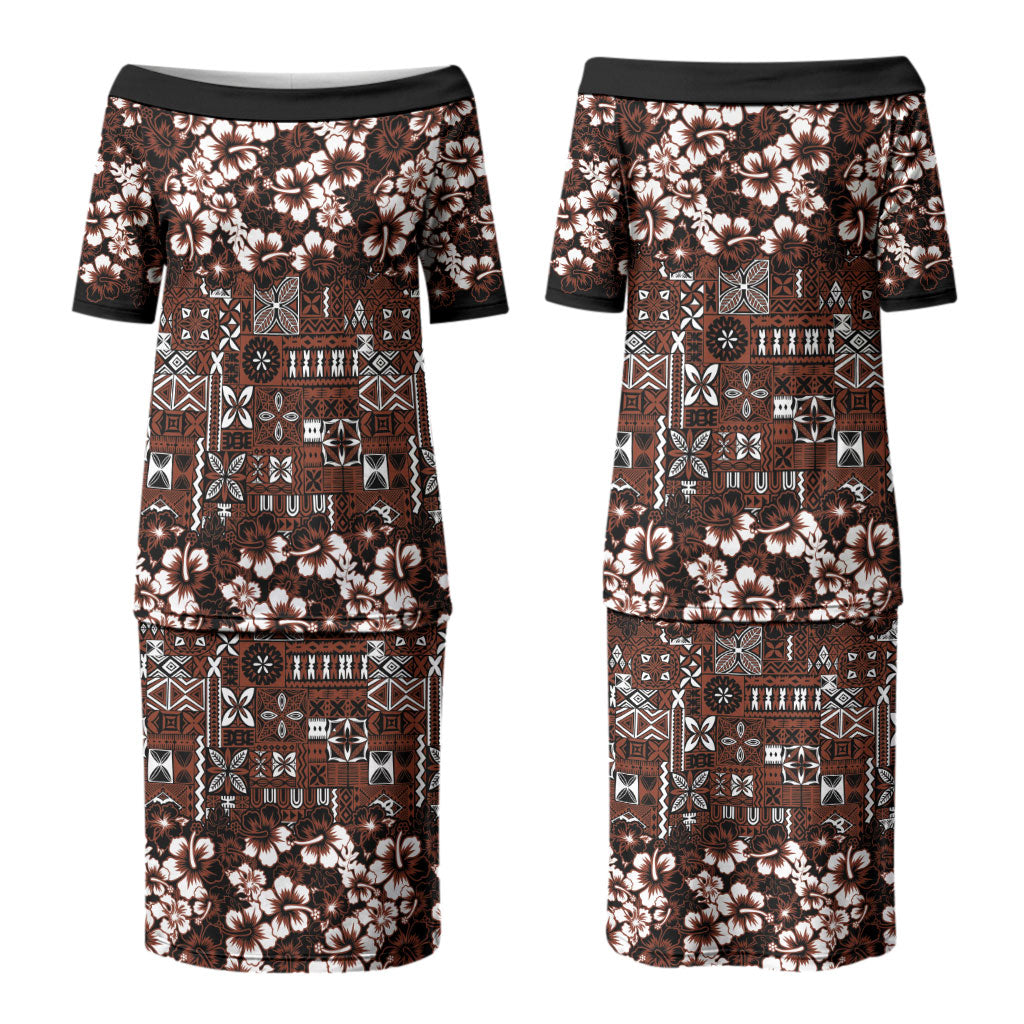 Burgundy Hawaiian Tapa Tribal Hibiscus Couples Matching Puletasi and Hawaiian Shirt