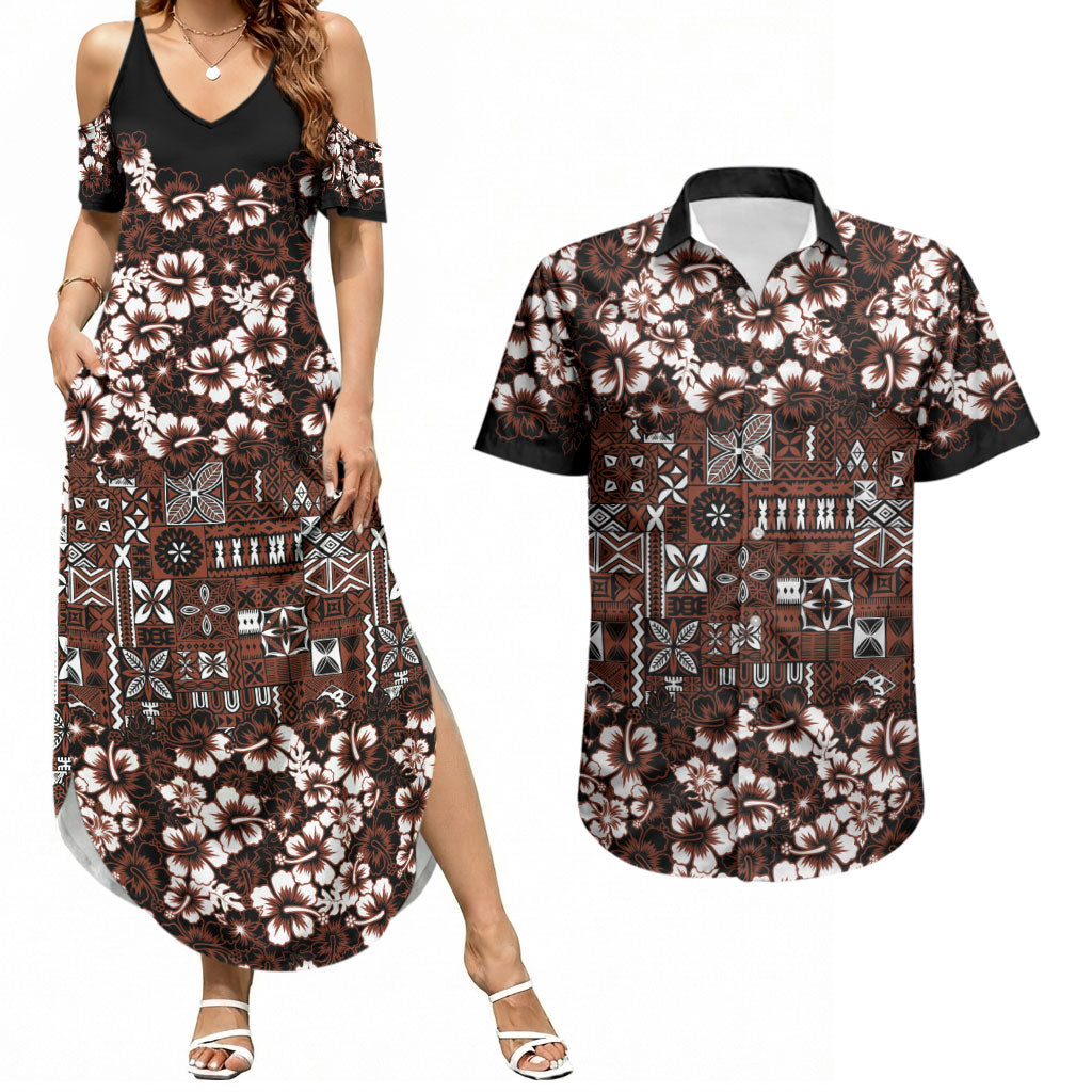 Burgundy Hawaiian Tapa Tribal Hibiscus Couples Matching Summer Maxi Dress and Hawaiian Shirt