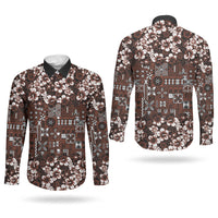 Burgundy Hawaiian Tapa Tribal Hibiscus Couples Matching Summer Maxi Dress and Long Sleeve Button Shirt