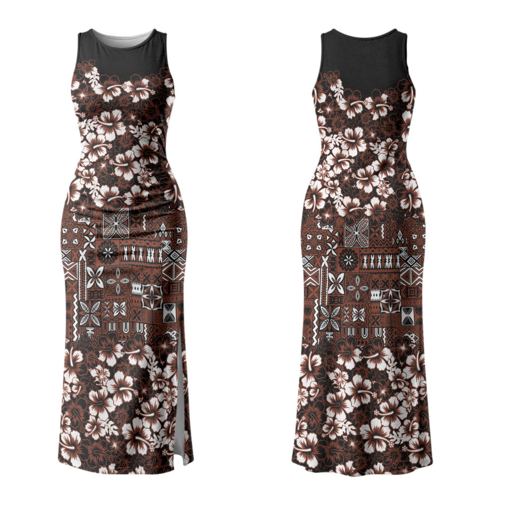 Burgundy Hawaiian Tapa Tribal Hibiscus Couples Matching Tank Maxi Dress and Long Sleeve Button Shirt