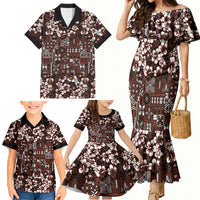 Burgundy Hawaiian Tapa Tribal Hibiscus Family Matching Mermaid Dress and Hawaiian Shirt