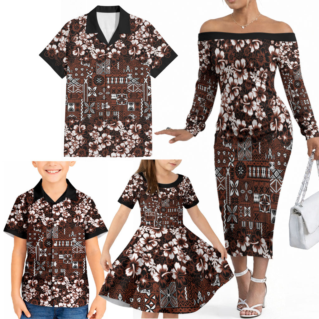 Burgundy Hawaiian Tapa Tribal Hibiscus Family Matching Off The Shoulder Long Sleeve Dress and Hawaiian Shirt LT9 - Polynesian Pride