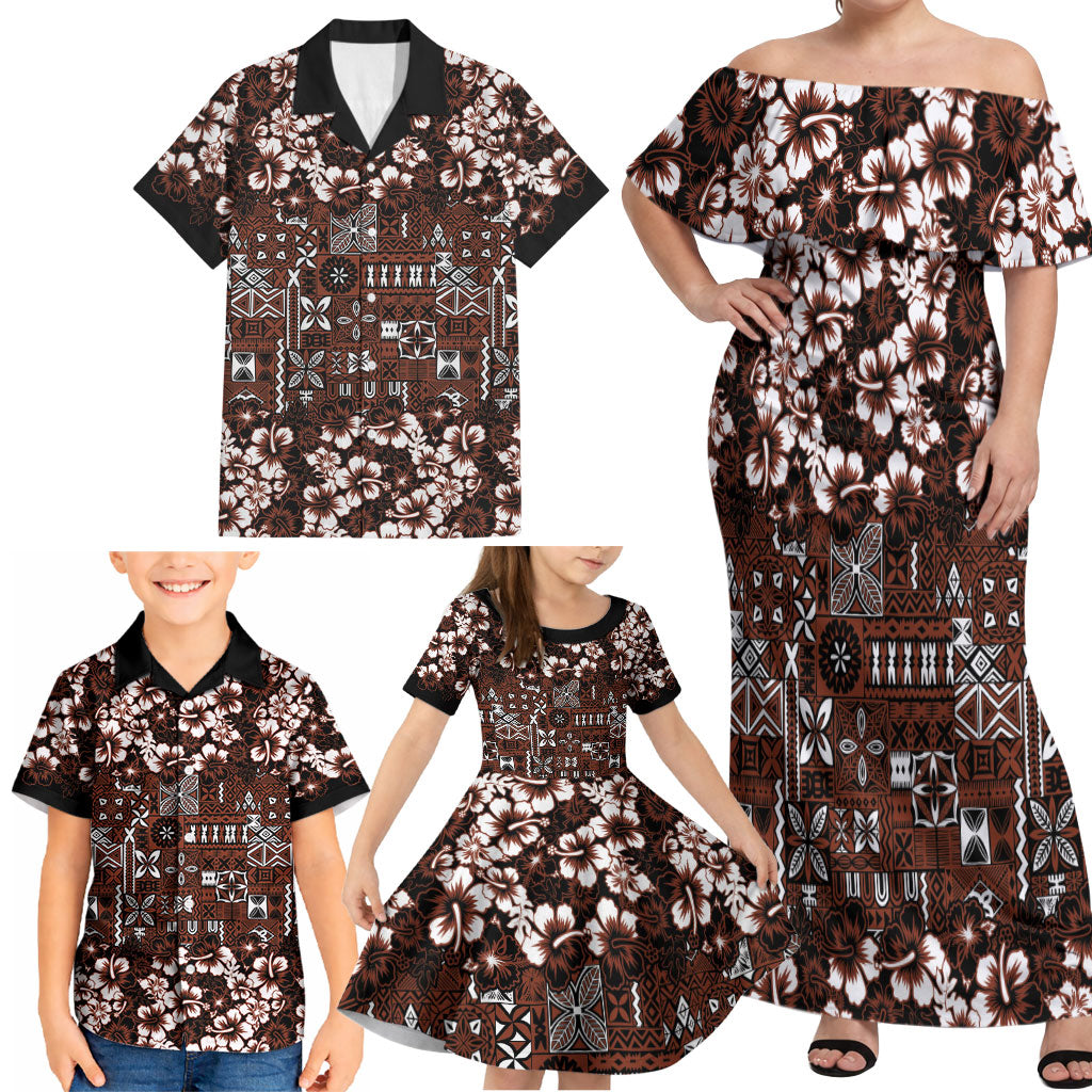 Burgundy Hawaiian Tapa Tribal Hibiscus Family Matching Off Shoulder Maxi Dress and Hawaiian Shirt LT9 - Polynesian Pride