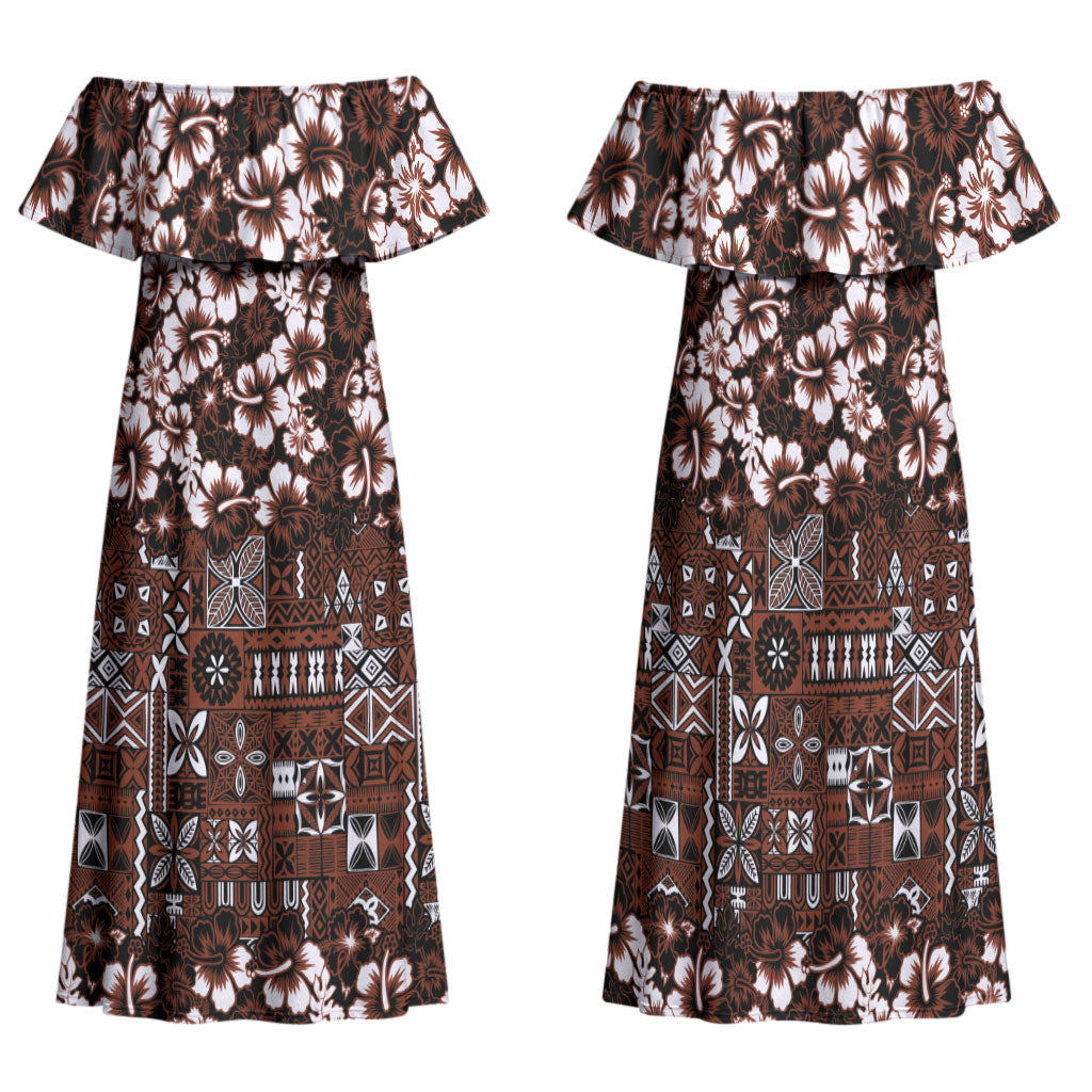 Burgundy Hawaiian Tapa Tribal Hibiscus Family Matching Off Shoulder Maxi Dress and Hawaiian Shirt