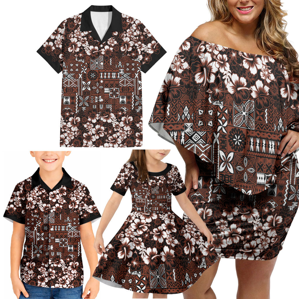 Burgundy Hawaiian Tapa Tribal Hibiscus Family Matching Off Shoulder Short Dress and Hawaiian Shirt LT9 - Polynesian Pride
