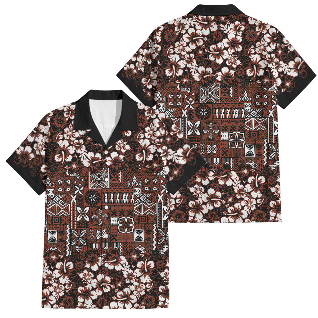 Burgundy Hawaiian Tapa Tribal Hibiscus Family Matching Off Shoulder Short Dress and Hawaiian Shirt