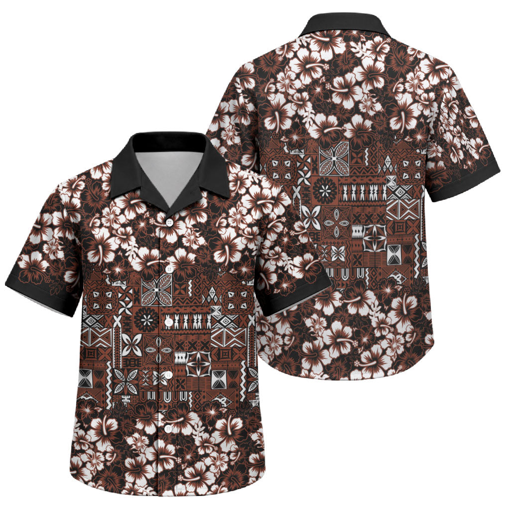 Burgundy Hawaiian Tapa Tribal Hibiscus Family Matching Off Shoulder Short Dress and Hawaiian Shirt