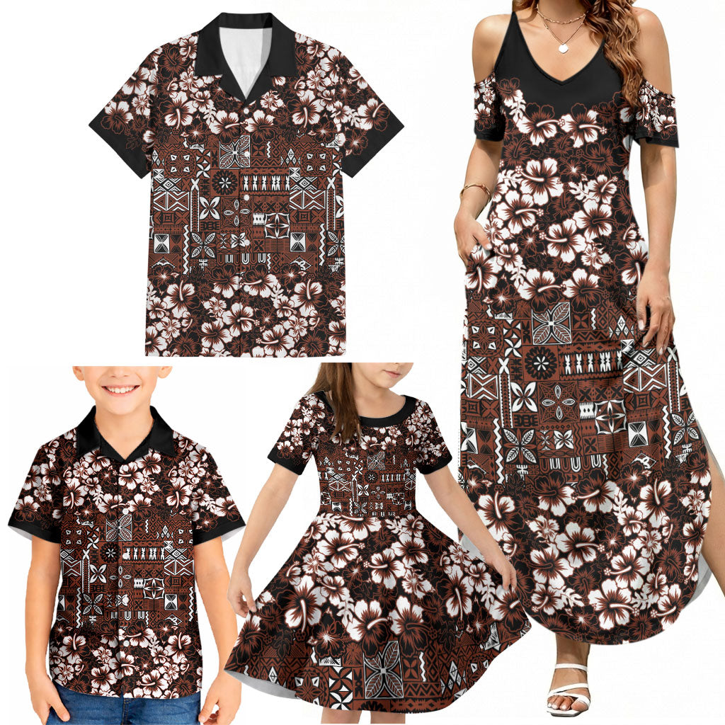 Burgundy Hawaiian Tapa Tribal Hibiscus Family Matching Summer Maxi Dress and Hawaiian Shirt