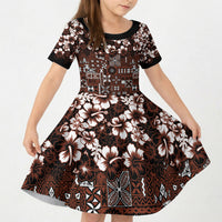 Burgundy Hawaiian Tapa Tribal Hibiscus Kid Short Sleeve Dress