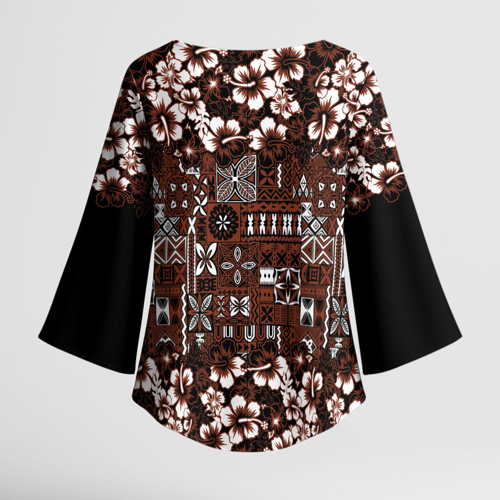 Burgundy Hawaiian Tapa Tribal Hibiscus Kimono Sleeve Blouse
