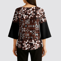Burgundy Hawaiian Tapa Tribal Hibiscus Kimono Sleeve Blouse