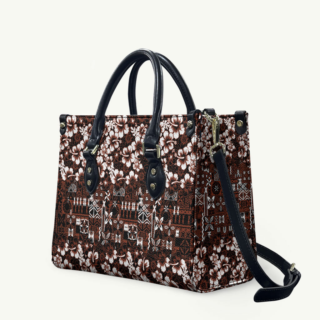 Burgundy Hawaiian Tapa Tribal Hibiscus Leather Bag