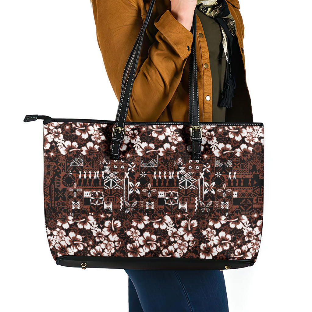 Burgundy Hawaiian Tapa Tribal Hibiscus Leather Tote Bag LT9 - Polynesian Pride