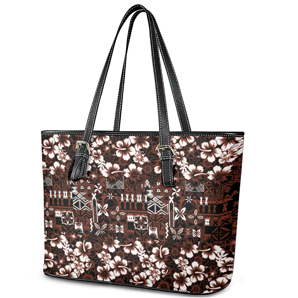 Burgundy Hawaiian Tapa Tribal Hibiscus Leather Tote Bag LT9 - Polynesian Pride