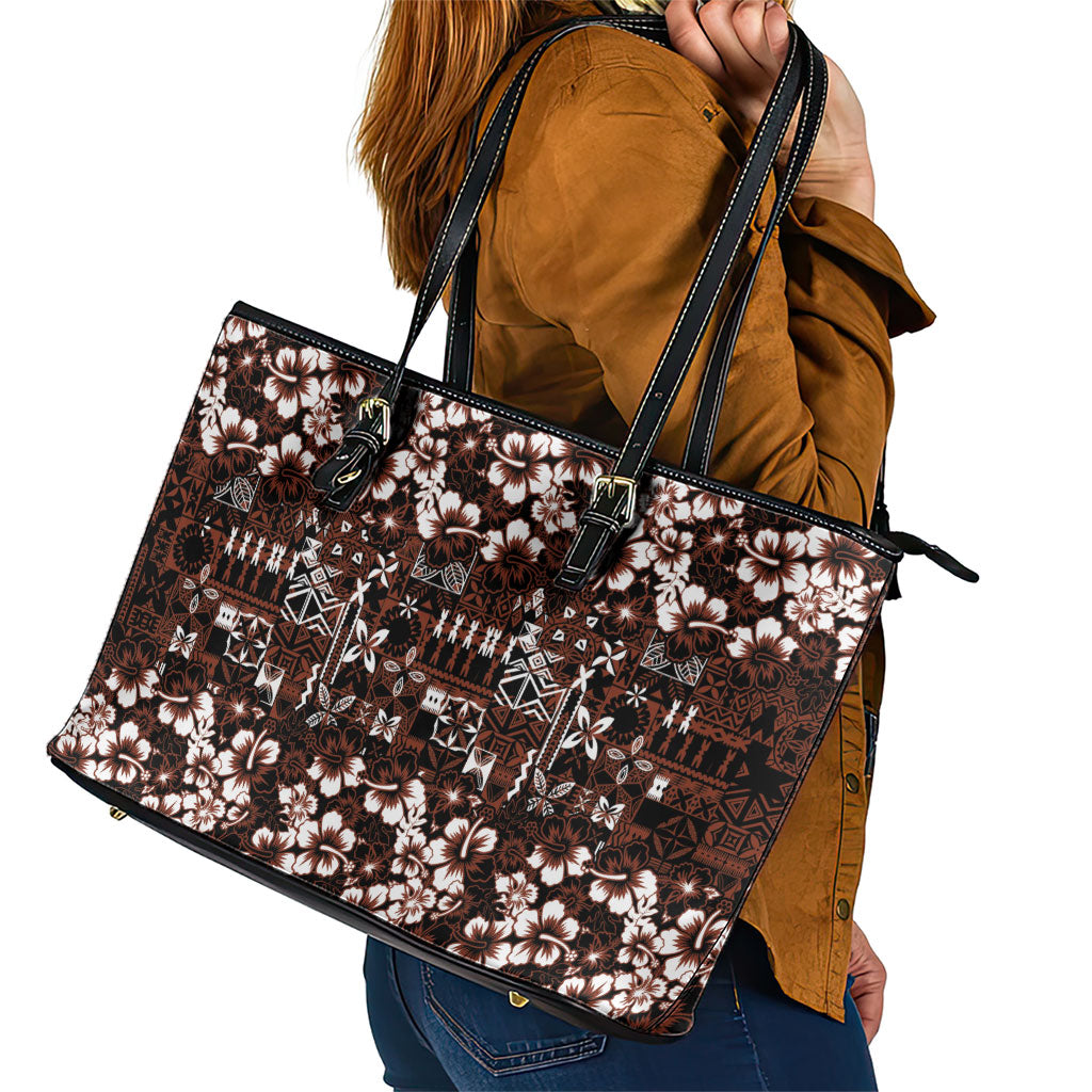 Burgundy Hawaiian Tapa Tribal Hibiscus Leather Tote Bag LT9 - Polynesian Pride
