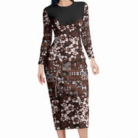 Burgundy Hawaiian Tapa Tribal Hibiscus Long Sleeve Bodycon Dress LT9 Long Dress Burgundy - Polynesian Pride