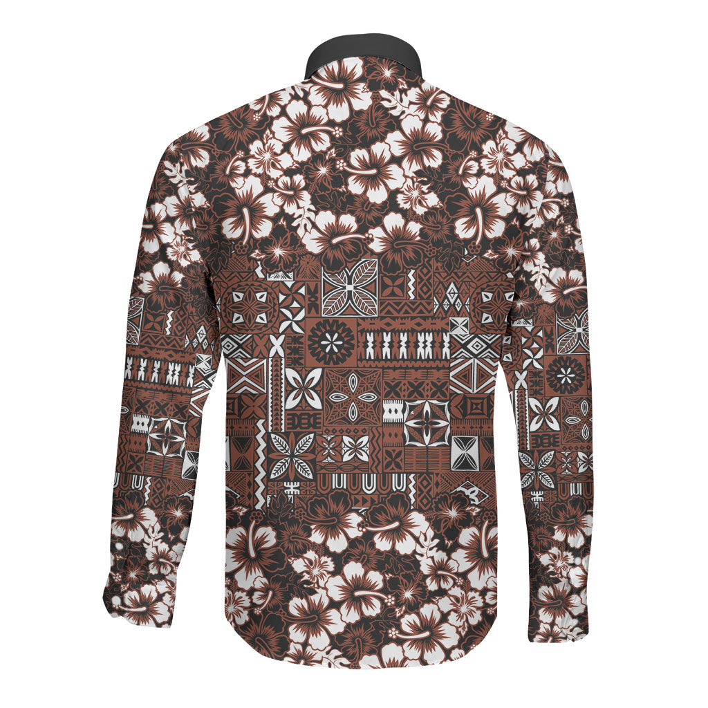 Burgundy Hawaiian Tapa Tribal Hibiscus Long Sleeve Button Shirt