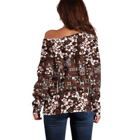 Burgundy Hawaiian Tapa Tribal Hibiscus Off Shoulder Sweater