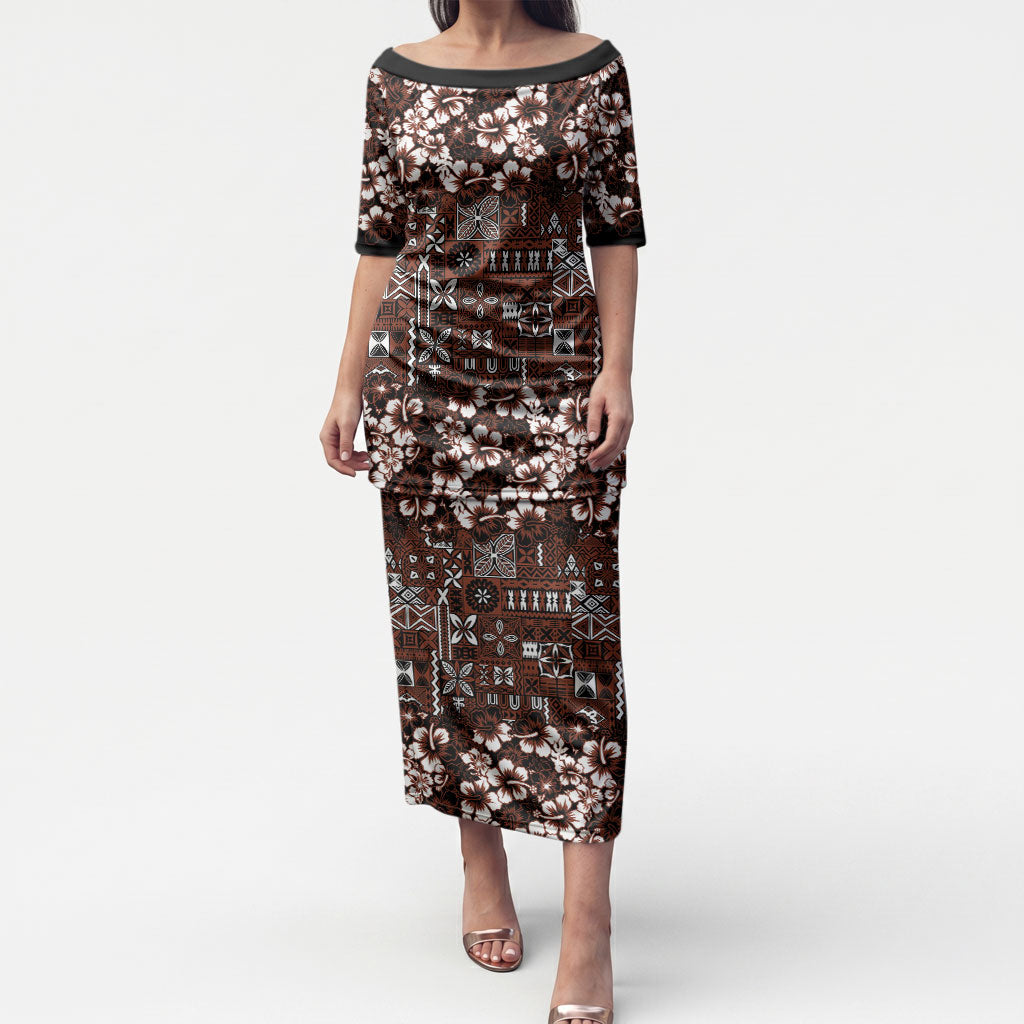 Burgundy Hawaiian Tapa Tribal Hibiscus Puletasi LT9 Long Dress Burgundy - Polynesian Pride