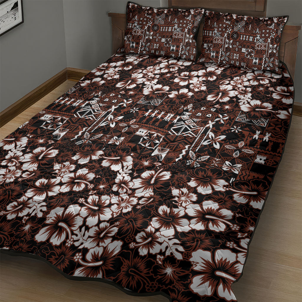 Burgundy Hawaiian Tapa Tribal Hibiscus Quilt Bed Set