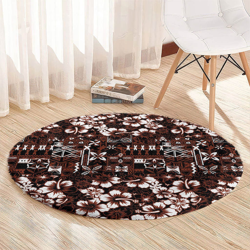 Burgundy Hawaiian Tapa Tribal Hibiscus Round Carpet
