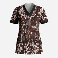 Burgundy Hawaiian Tapa Tribal Hibiscus Scrub Top