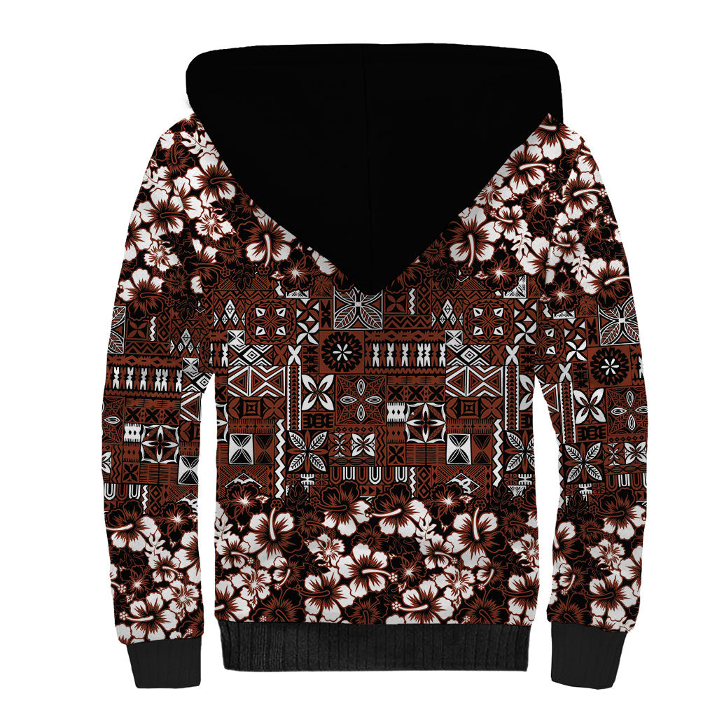 Burgundy Hawaiian Tapa Tribal Hibiscus Sherpa Hoodie
