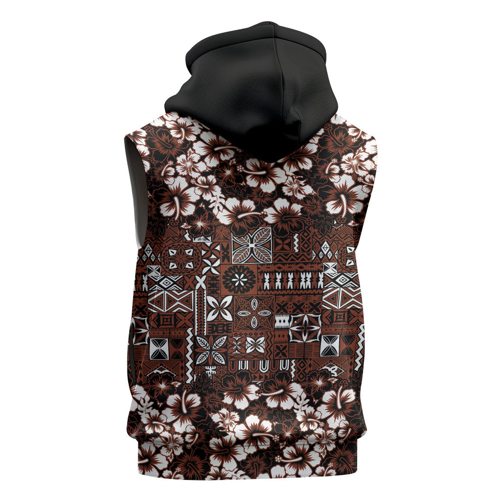 Burgundy Hawaiian Tapa Tribal Hibiscus Sleeveless Zip Hoodie