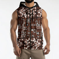 Burgundy Hawaiian Tapa Tribal Hibiscus Sleeveless Zip Hoodie