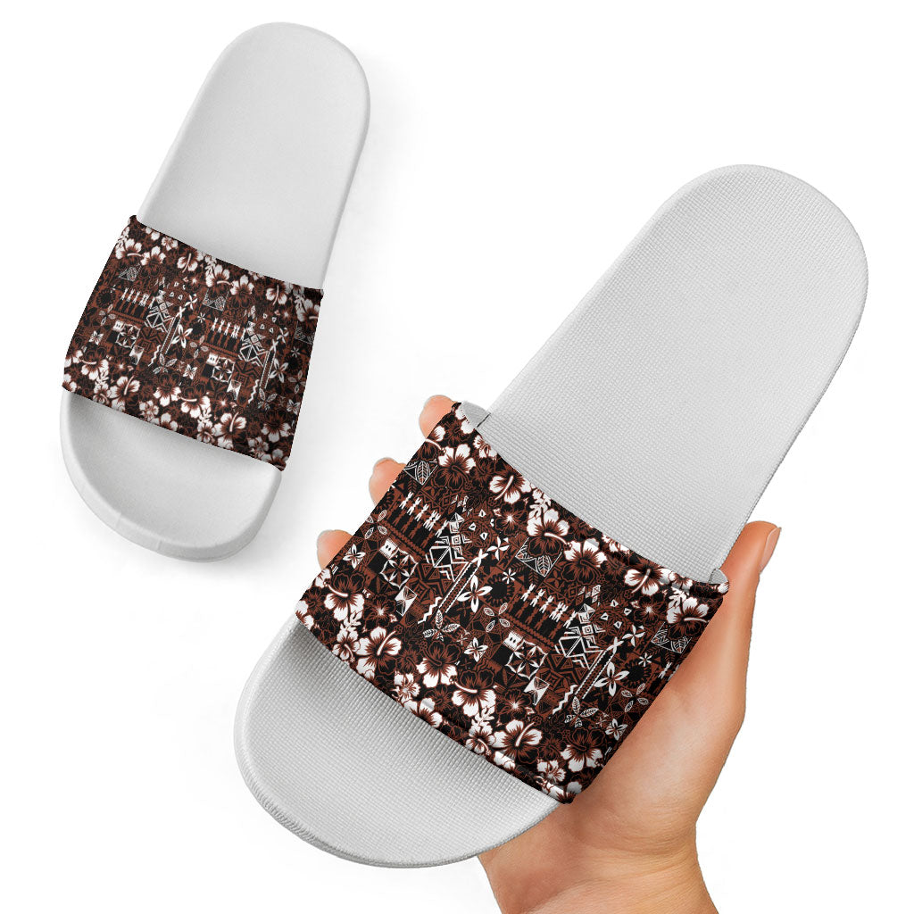 Burgundy Hawaiian Tapa Tribal Hibiscus Slide Sandals