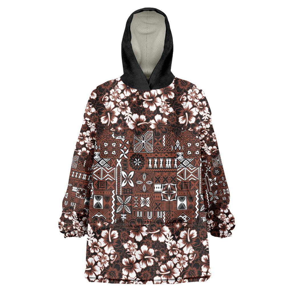 Burgundy Hawaiian Tapa Tribal Hibiscus Wearable Blanket Hoodie
