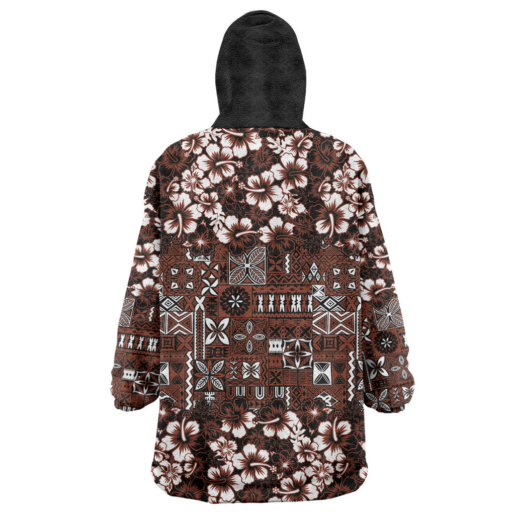 Burgundy Hawaiian Tapa Tribal Hibiscus Wearable Blanket Hoodie