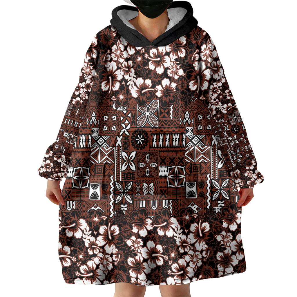 Burgundy Hawaiian Tapa Tribal Hibiscus Wearable Blanket Hoodie