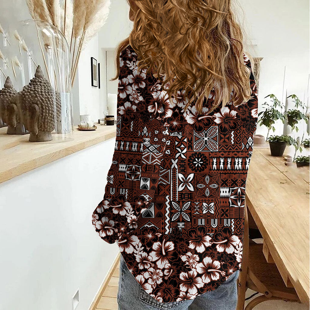Burgundy Hawaiian Tapa Tribal Hibiscus Women Casual Shirt