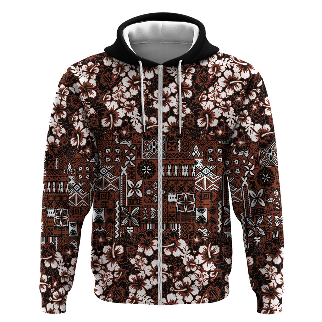 Burgundy Hawaiian Tapa Tribal Hibiscus Zip Hoodie