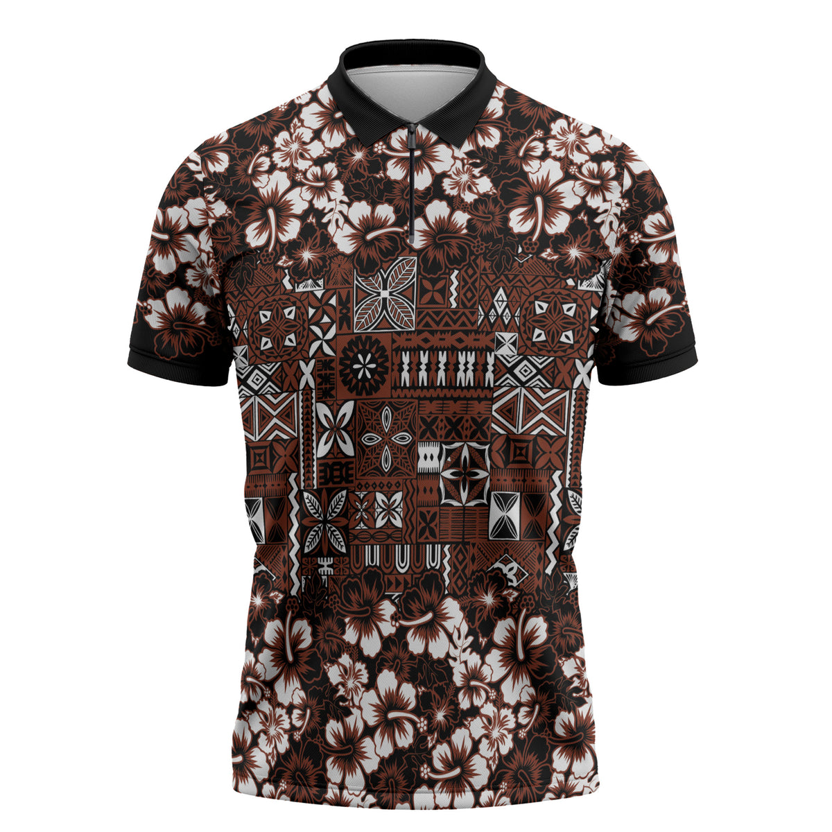 Burgundy Hawaiian Tapa Tribal Hibiscus Zipper Polo Shirt