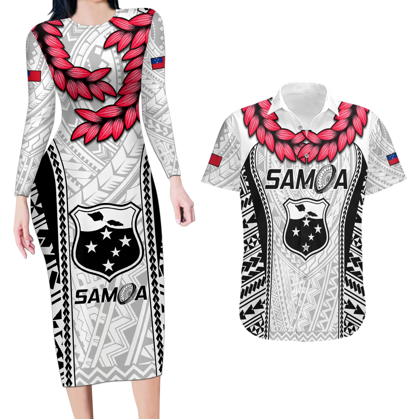 Samoa Rugby Couples Matching Long Sleeve Bodycon Dress and Hawaiian Shirt Go Champions World Cup 2023 Polynesian Unique LT9 White - Polynesian Pride