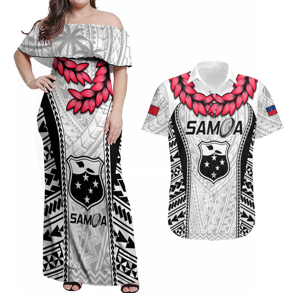 Samoa Rugby Couples Matching Off Shoulder Maxi Dress and Hawaiian Shirt Go Champions World Cup 2023 Polynesian Unique LT9 White - Polynesian Pride